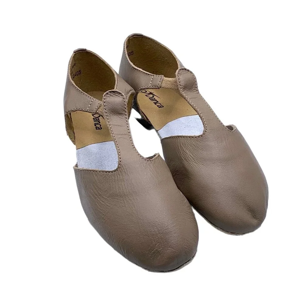 So Danca Jazz T-Strap Grecian Dance Sandals Tan Leather 4.5 Shoe Slip On Mileyka - Picture 1 of 10